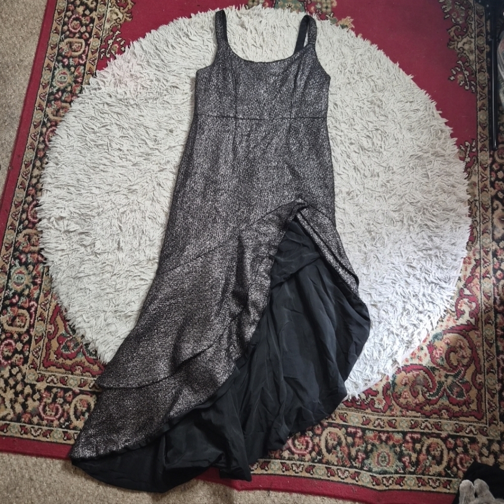 Hutch Dress Formal Tweed Maxi Asymmetrical Hem Flamenco Black Silver Size 14 W ✨